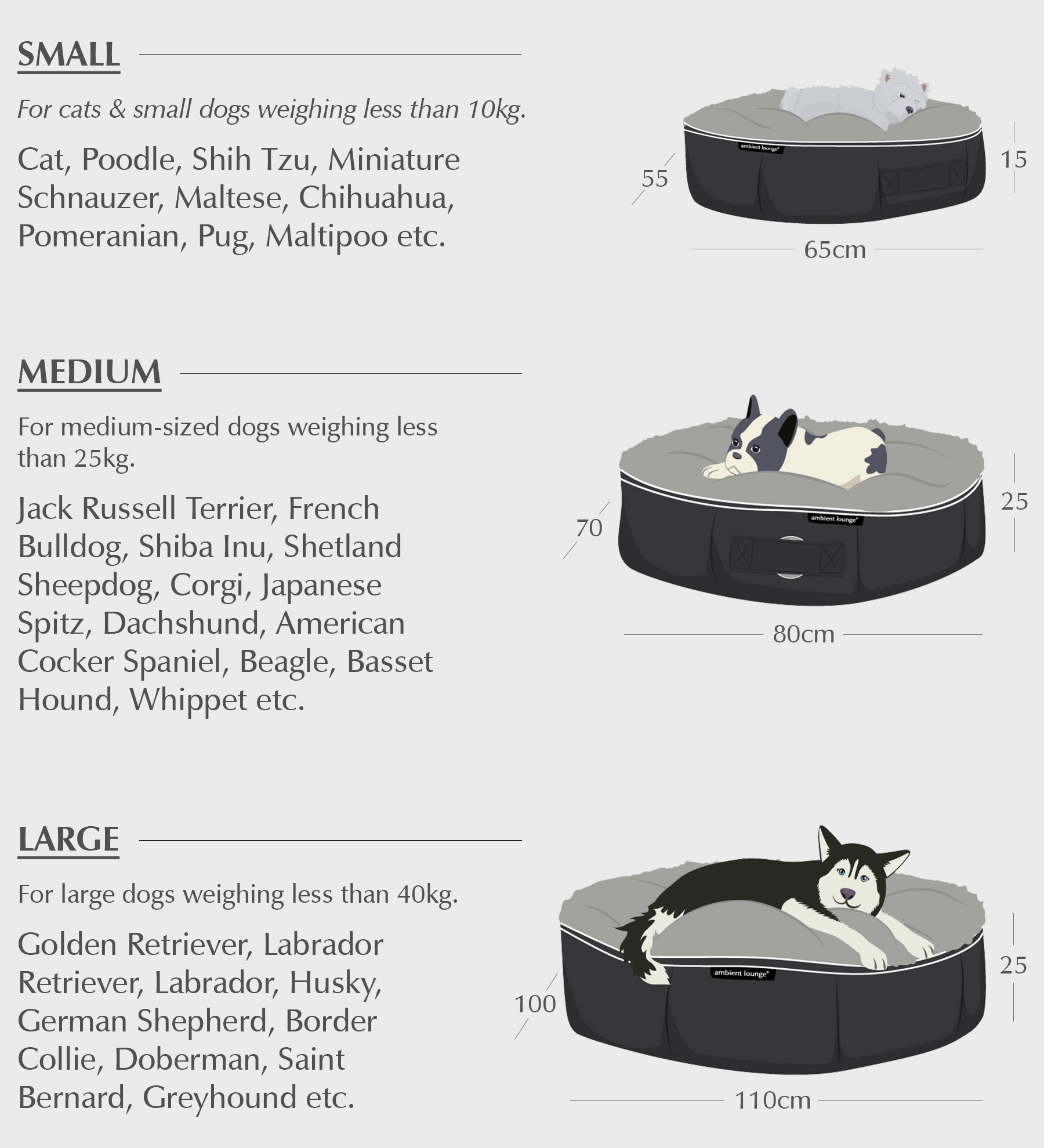 Pet Lounge Dog Beds - Size Guide